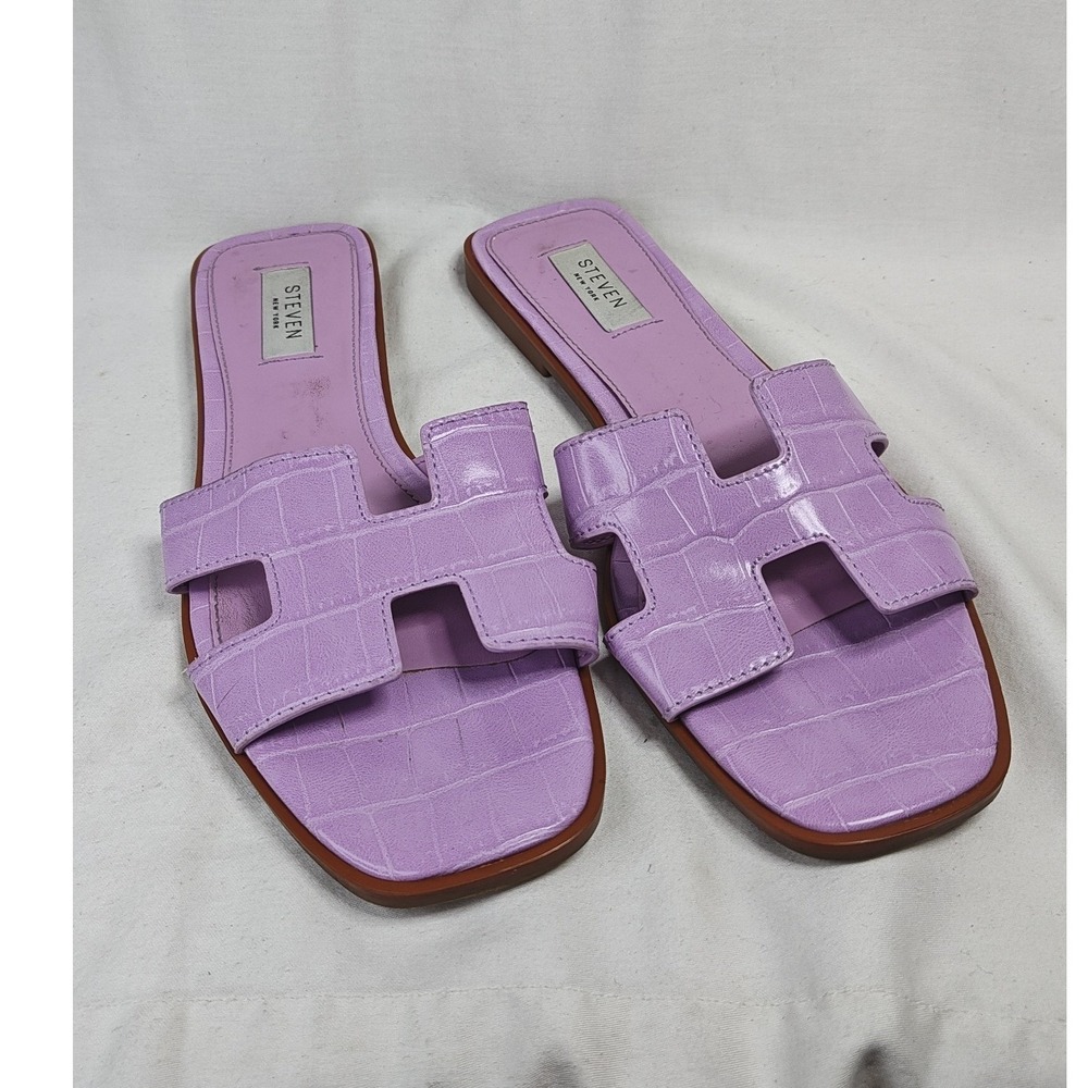 Steven New York Harlien Slide Sandals Purple Lilac Croc Embossed Flats 9.5M